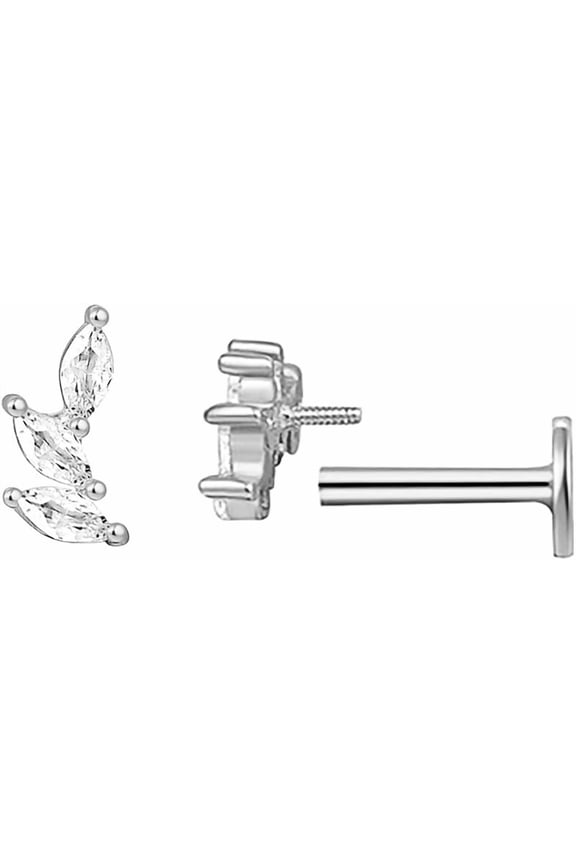 Cubic Zirconia Crawler Cartilage Labret Stud Earrings for Women Girls 925 Sterling Silver Crystal Leaf Tragus Monroe Climber Studs Lip Nose Ring Dainty Body Piercing Jewelry Gifts 16G