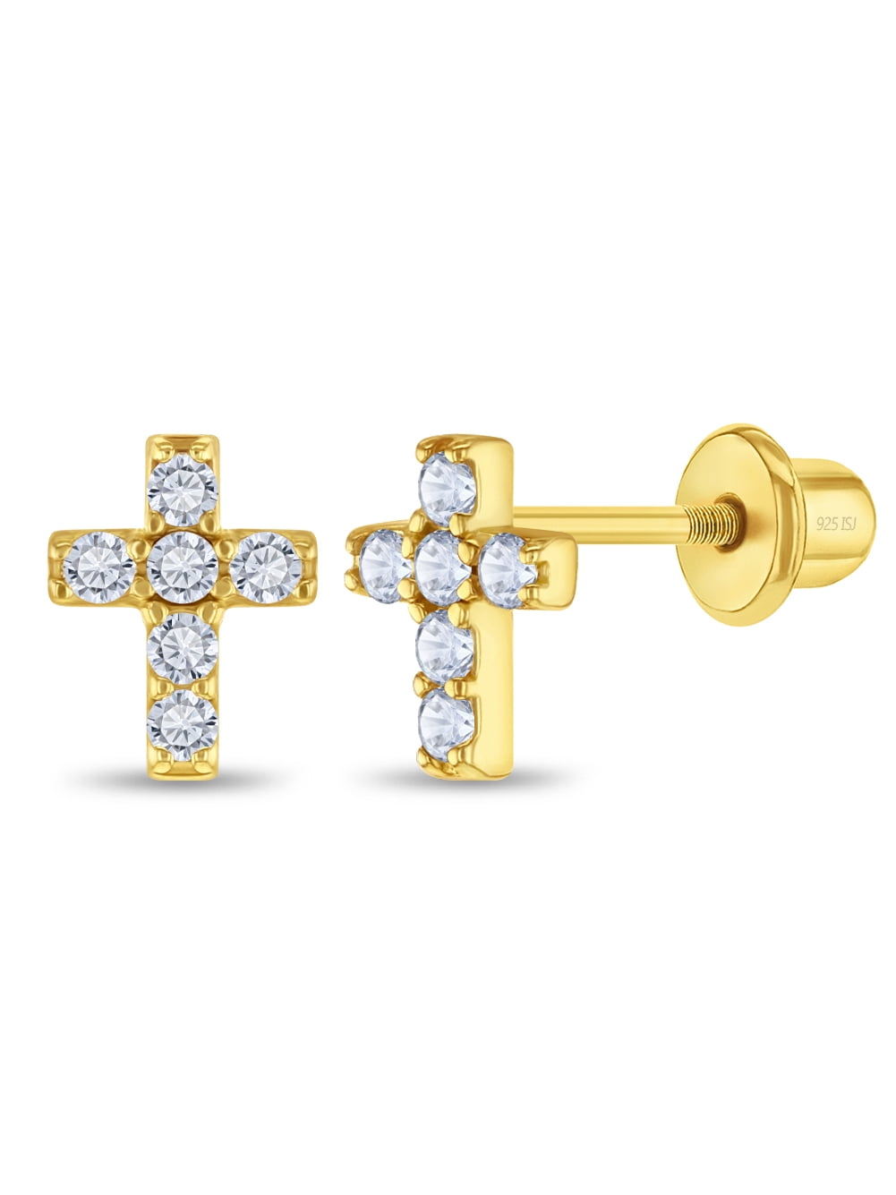 Cubic Zirconia Cross Clear Kid Earring Screw Back - Sterling Silver Gold Flashed