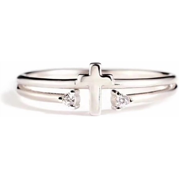 Cubic Zirconia Cross Ring for Women Silver Plated Clear CZ Layered Adjustable Stackable Wrap Finger Rings Comfort Fit Minimalist Faith Engagement Jewelry