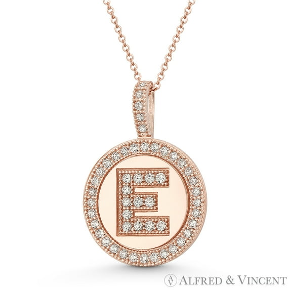 Cubic Zirconia Crystal Pave Initial Letter "E" & Halo Round Disc Pendant in Solid 14k Rose Gold