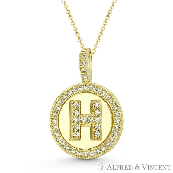 Cubic Zirconia Crystal Pave Initial Letter "H" & Halo Round Disc Pendant in Solid 14k Yellow Gold