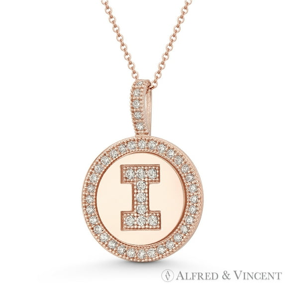Cubic Zirconia Crystal Pave Initial Letter "I" & Halo Round Disc Pendant in Solid 14k Rose Gold