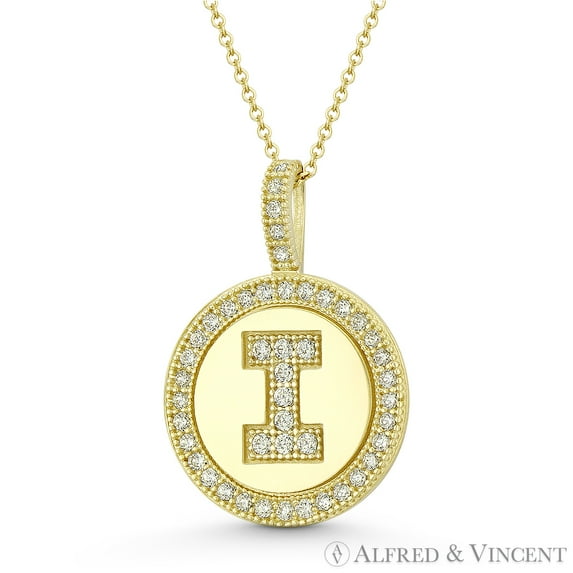 Cubic Zirconia Crystal Pave Initial Letter "I" & Halo Round Disc Pendant in Solid 14k Yellow Gold
