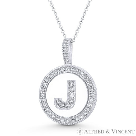 Cubic Zirconia Crystal Pave Initial Letter "J" & Halo Round Disc Pendant in Solid 14k White Gold