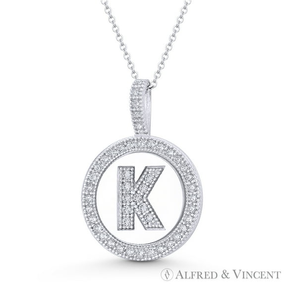 Cubic Zirconia Crystal Pave Initial Letter "K" & Halo Round Disc Pendant in Solid 14k White Gold