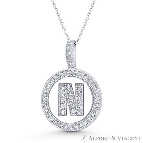 Cubic Zirconia Crystal Pave Initial Letter "N" & Halo Round Disc Pendant in Solid 14k White Gold