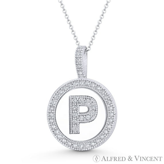 Cubic Zirconia Crystal Pave Initial Letter "P" & Halo Round Disc Pendant in Solid 14k White Gold