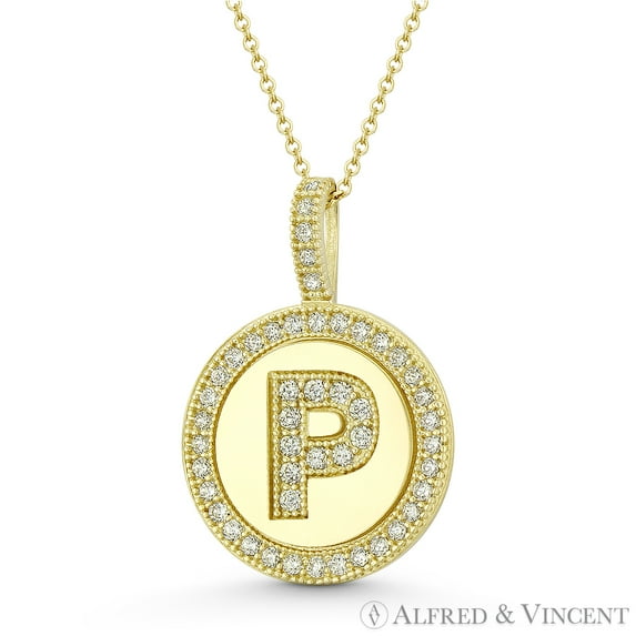 Cubic Zirconia Crystal Pave Initial Letter "P" & Halo Round Disc Pendant in Solid 14k Yellow Gold