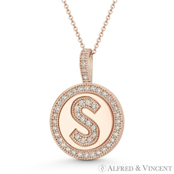 Cubic Zirconia Crystal Pave Initial Letter "S" & Halo Round Disc Pendant in Solid 14k Rose Gold