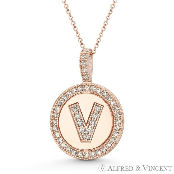Cubic Zirconia Crystal Pave Initial Letter "V" & Halo Round Disc Pendant in Solid 14k Rose Gold