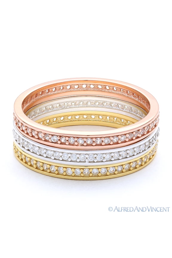 Cubic Zirconia Crystal Stackable Bands in Tri-Tone .925 Sterling Silver