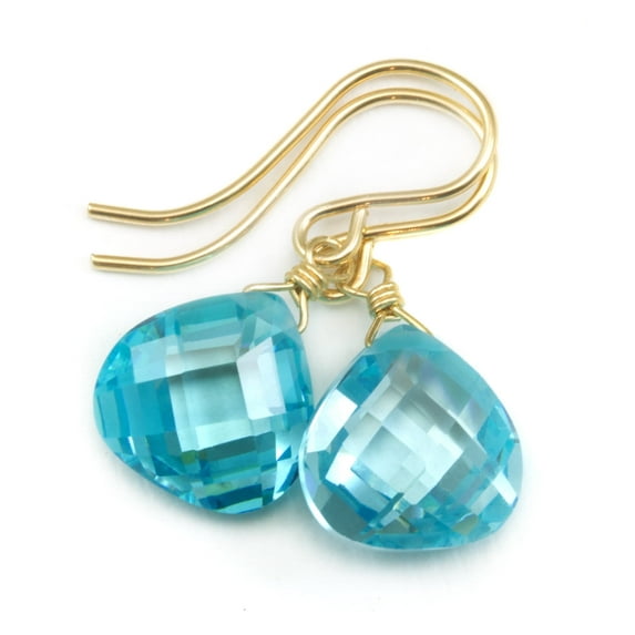 Cubic Zirconia Earrings Simulated Aquamarine Blue Faceted Heart Shaped CZ Drops 14k Yellow Gold Spyglass Designs