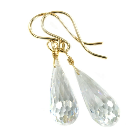 Cubic Zirconia Earrings Simulated Clear Diamond Rounded Briolette Faceted Shaped CZ Teardrops 14k Yellow Gold Spyglass Designs
