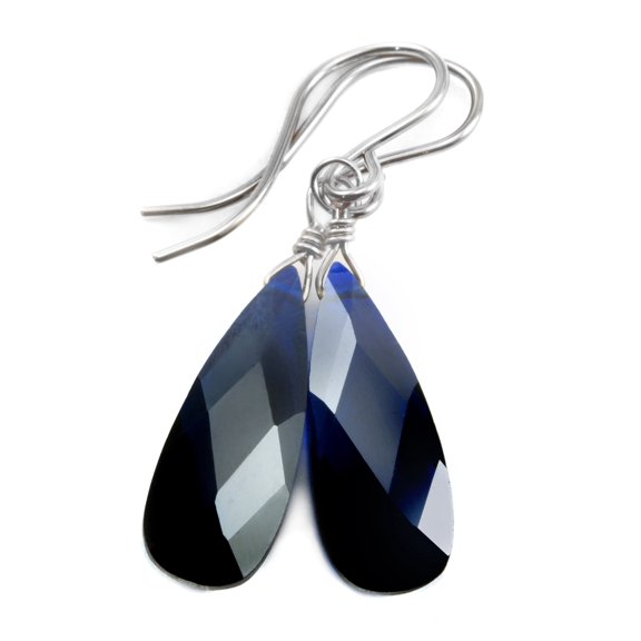 Cubic Zirconia Earrings Simulated Dark Blue Sapphire Faceted Long Pear Shaped CZ Teardrops Sterling Silver Spyglass Designs