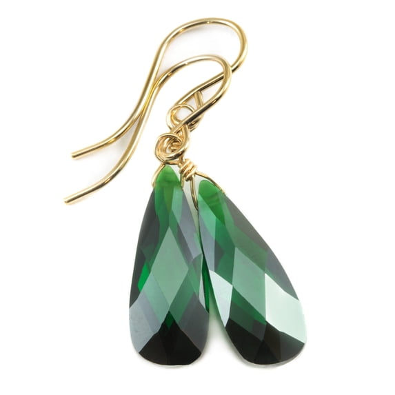 Cubic Zirconia Earrings Simulated Green Emerald Faceted Long Pear Shaped CZ Teardrops 14k Yellow Gold Filled Spyglass Designs