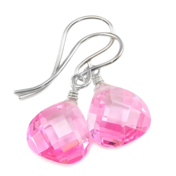 Cubic Zirconia Earrings Simulated Pink Sapphire Faceted Heart Shaped CZ Drops Sterling Silver Spyglass Designs