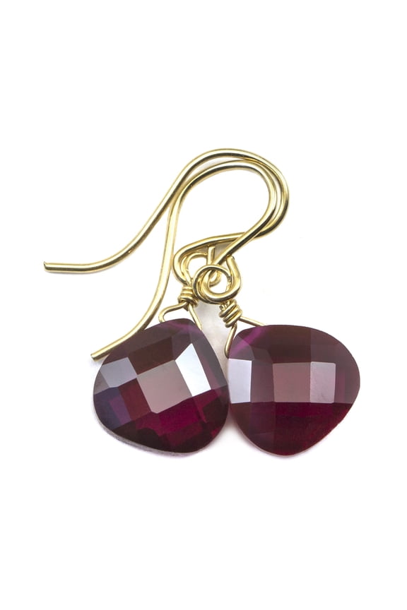 Cubic Zirconia Earrings Simulated Red Ruby Faceted Heart Shaped CZ Drops 14k Yellow Gold Filled Spyglass Designs