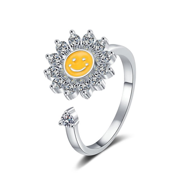 Cubic Zirconia Enamel Fidget Spinner Calming Textured Flower Adjustable Cuff Ring Silver R204