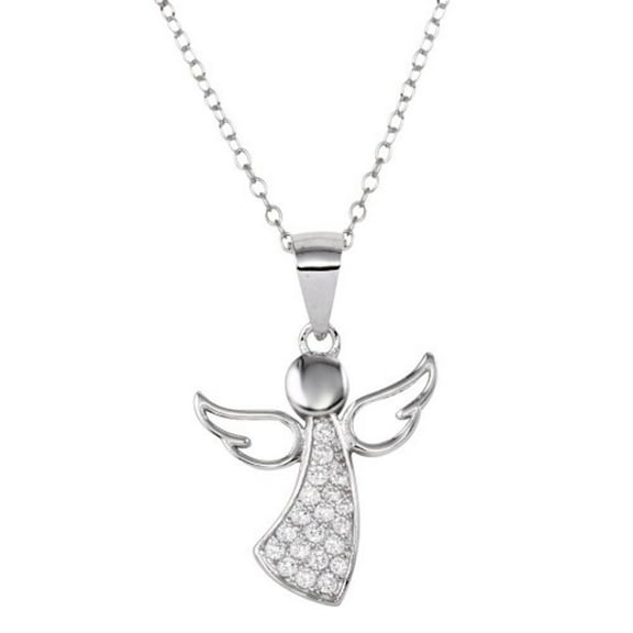 Cubic Zirconia Encrusted Simple Angel Necklace Rhodium Plated Sterling Silver