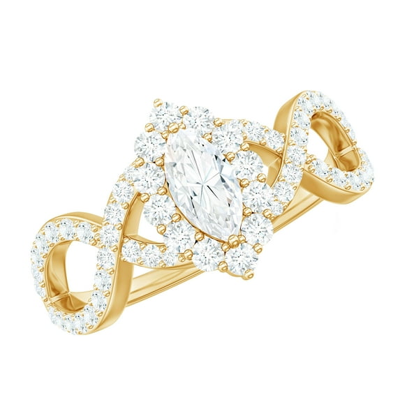 Rosec Jewels Cubic Zirconia Marquise Engagement Ring with Halo - Crossover Ring - AAAA Quality Certified - with Jewelry Box, 14K Yellow Gold, US 7.00