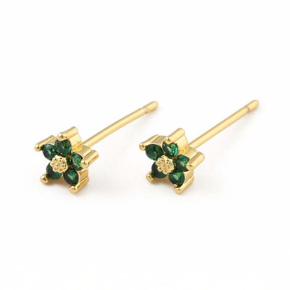 Cubic Zirconia Flower Stud Earrings Real 18K Gold Plated Brass Jewelry for Women Cadmium Free & Lead Free Green 15x5x5mm Pin: 0.7mm