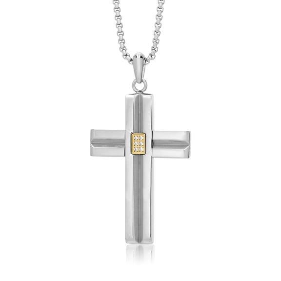 Cubic Zirconia Gold Ion Plated Stainless Steel Modern Timeless Cross Pendant - 24 Inch Round Box Chain