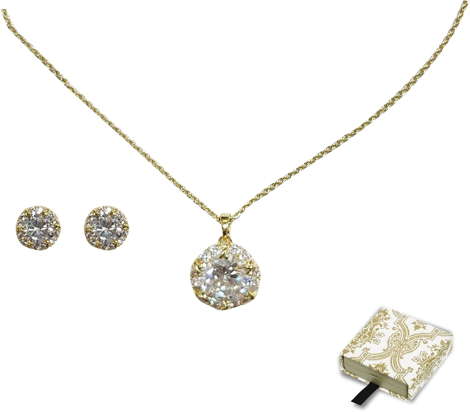 SANWOOD Women's Gold Jewelry Set - Rhinestone Oval Faux Quartz Pendant Necklace & Stud Earrings