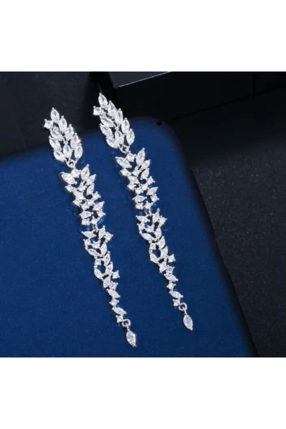 Cubic Zirconia Gold Long Leaf Dangle Drop Bride Earrings for Wedding