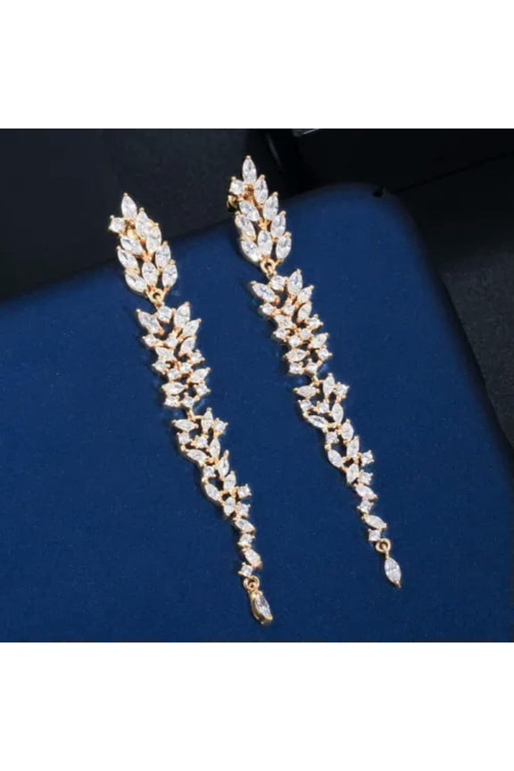Cubic Zirconia Gold Long Leaf Dangle Drop Bride Earrings for Wedding