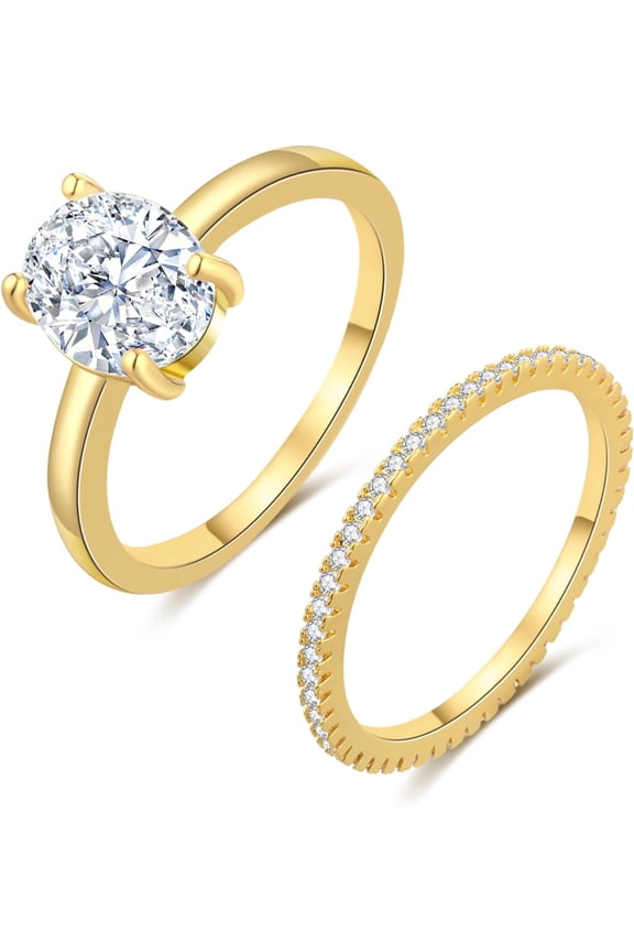 Cubic Zirconia Gold Rings for Women Non Tarnish Trendy Dainty 14K Gold Plated Stackable Princess Cut Fake Engagement Ring Set Diamond Wedding Promise Rings for Her Jewelry Size 6 7 8 9 10 11
