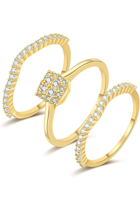 Cubic Zirconia Gold Rings for Women Non Tarnish Trendy Dainty 14K Gold Plated Stackable Princess Cut Fake Engagement Ring Set Diamond Wedding Promise Rings for Her Jewelry Size 6 7 8 9 10 11