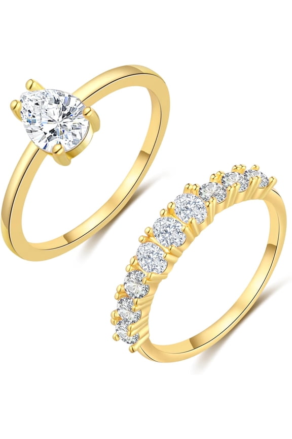 Cubic Zirconia Gold Rings for Women Non Tarnish Trendy Dainty 14K Gold Plated Stackable Princess Cut Fake Engagement Ring Set Diamond Wedding Promise Rings for Her Jewelry Size 6 7 8 9 10 11