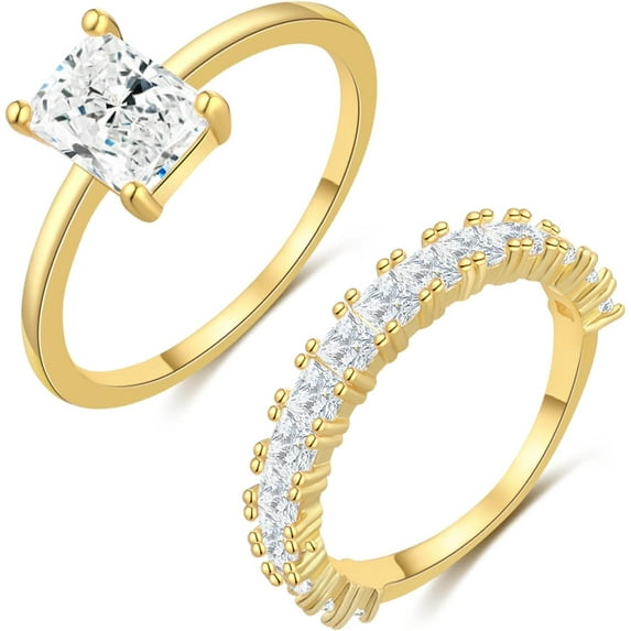 Cubic Zirconia Gold Rings for Women Non Tarnish Trendy Dainty 14K Gold Plated Stackable Princess Cut Fake Engagement Ring Set Diamond Wedding Promise Rings for Her Jewelry Size 6 7 8 9 10 11
