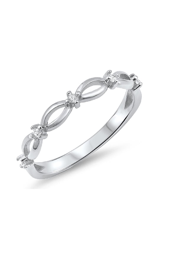 Cubic Zirconia Half Way Designer Band Ring Sterling Silver