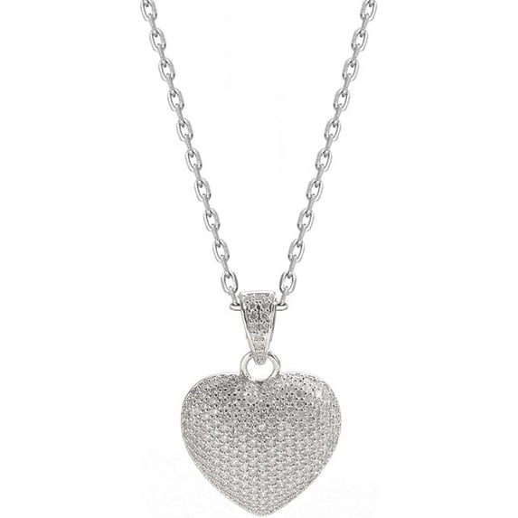 Cubic Zirconia Heart Charm Pendant Necklace For Women 14k White Gold Plated Cute Dainty Sparkly CZ Crystal Puffed Love Heart Choker Adjustable Chain Exquisite Jewelry Gift Valentine's Day Anniversary