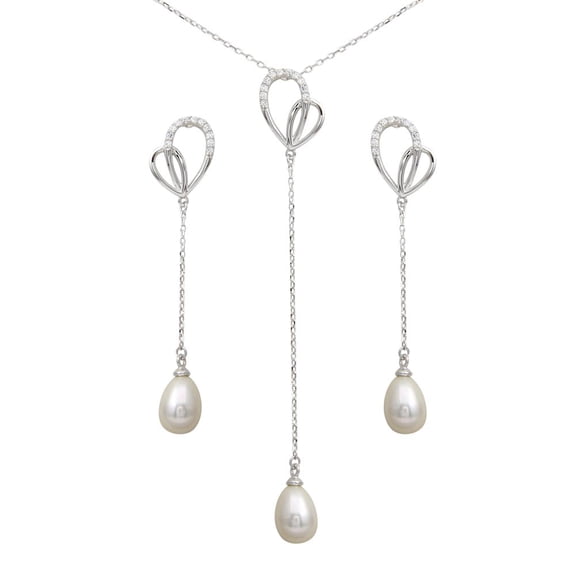 Cubic Zirconia Heart Dangling Synthetic Pearl Earrings Necklace Set Sterling Silver