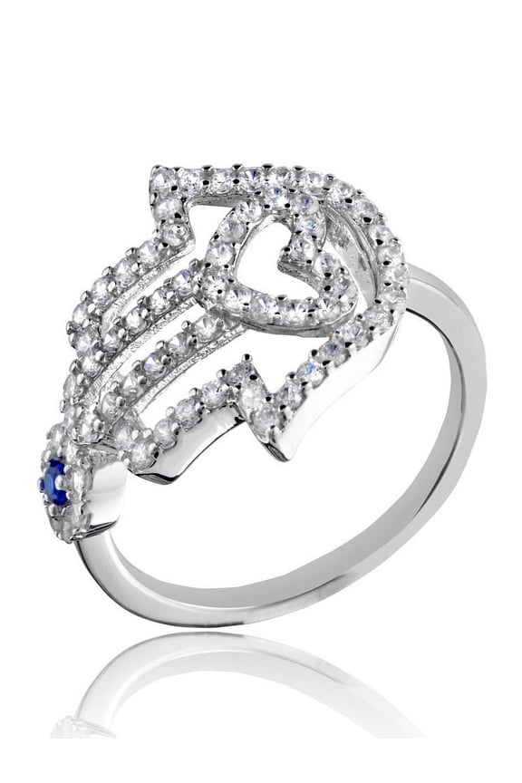Cubic Zirconia Heart Hamsa With Evil Eye Ring Rhodium Plated Sterling Silver Size 7