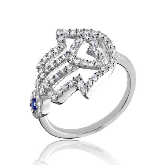 Cubic Zirconia Heart Hamsa With Evil Eye Ring Rhodium Plated Sterling Silver Size 9