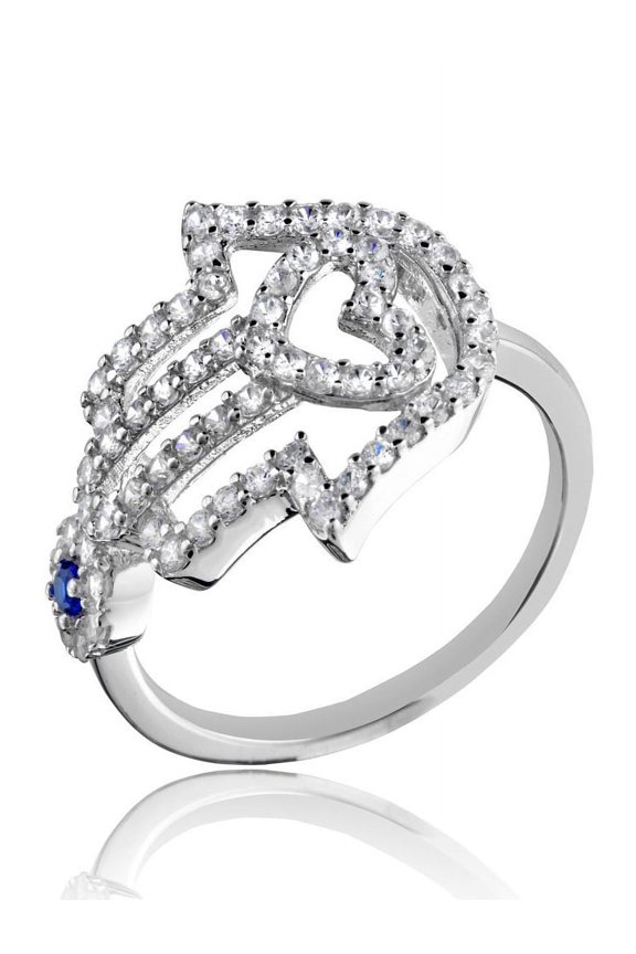 Cubic Zirconia Heart Hamsa With Evil Eye Ring Rhodium Plated Sterling Silver Size 9
