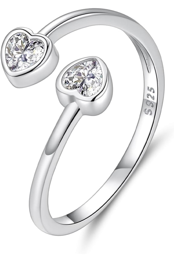 Cubic Zirconia Heart Love Eternity Statement Open Ring for Women - 925 Sterling Silver Crystal Double Hearts Stacking Adjustable Promise Wedding Wrap Rings Band Dainty Jewelry for Her Anniversary