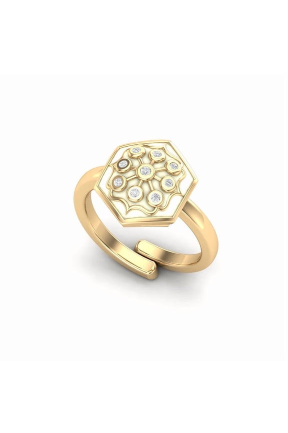 Cubic Zirconia Hexagonal Shape Ivory Enamel Brass Ring For Women Adjustable US 7- To US-9
