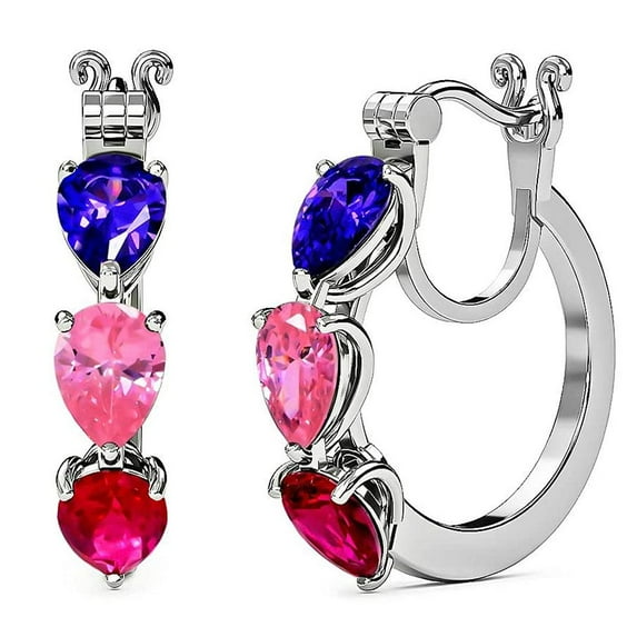 Cubic Zirconia Hoop Earrings - Platinum Plated 925 Sterling Silver Huggie Earrings for Women - Multicolor Red, Pink & Purple Cut CZ Gemstone Hoops Jewelry Birthday Valentines Day Gifts for Women
