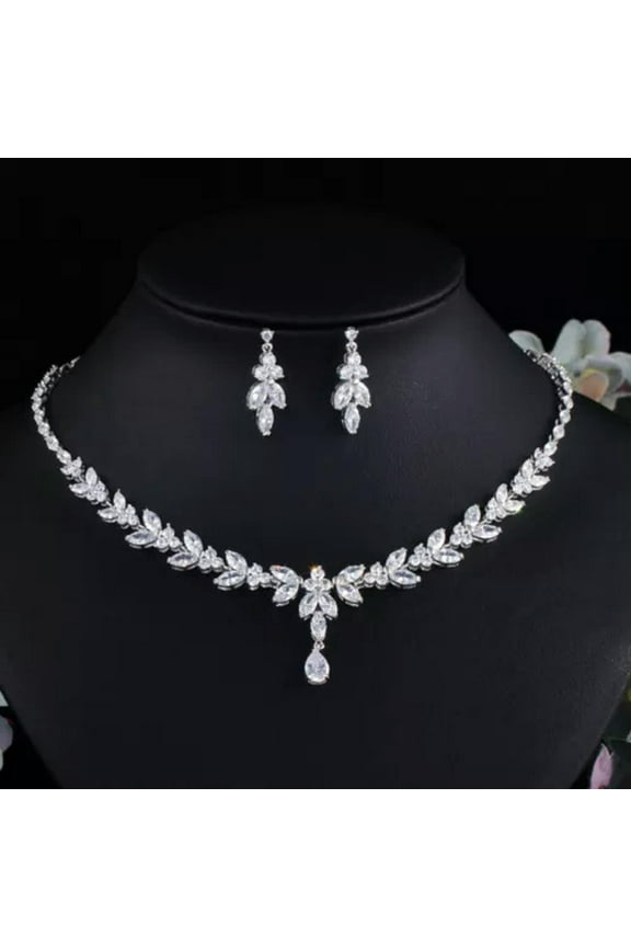 Cubic Zirconia Leaf Drop Necklace Bridal Wedding Costume Jewelry Dubai Gold Set
