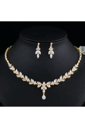 Cubic Zirconia Leaf Drop Necklace Bridal Wedding Costume Jewelry Dubai Gold Set