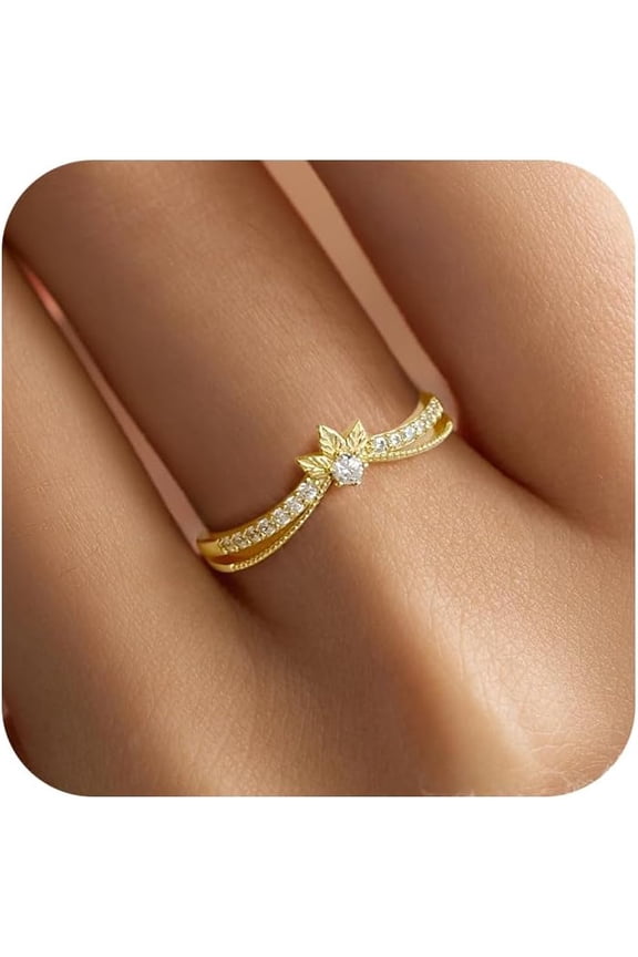 Cubic Zirconia Leaf Rings for Women 925 Sterling Silver 14K Gold Dainty Layered Crown Bands Statement Stackable Rings for Women Promise Rings Back to School Jewelry Birthday Gifts