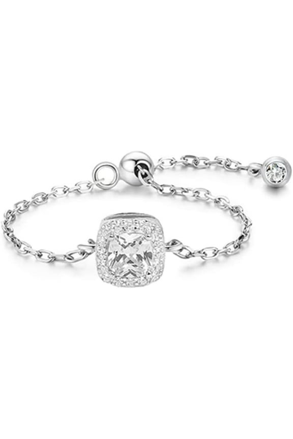 Cubic Zirconia Link Chain Statement Ring with Dangle Beaded Ball S925 Sterling Silver Adjustable Band Birthstone Stacking Promise Rings Tassel Dangling Fashion Jewelry for Women