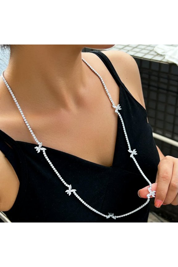 Cubic Zirconia Long Tennis Chain Butterfly Sweater Wedding Necklace for Women