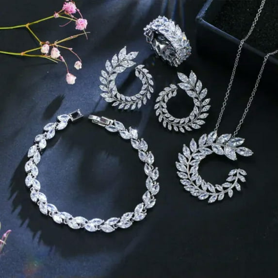 Cubic Zirconia Marquise Cut Olive Branch Leaf Necklace Bracelet 4pcs Jewelry Set
