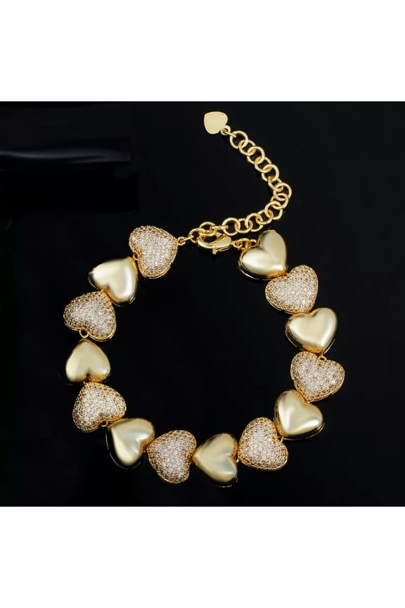 Cubic Zirconia Micro Pave African 585 Yellow Gold Love Heart Bracelets for Women