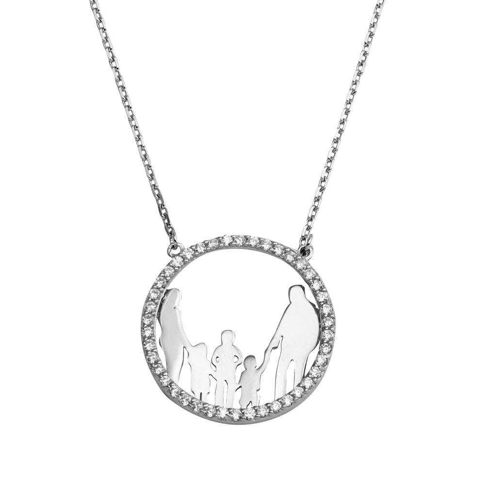 Cubic Zirconia Mom, Dad And Two Daughters Round Family Necklace Sterling  Silver